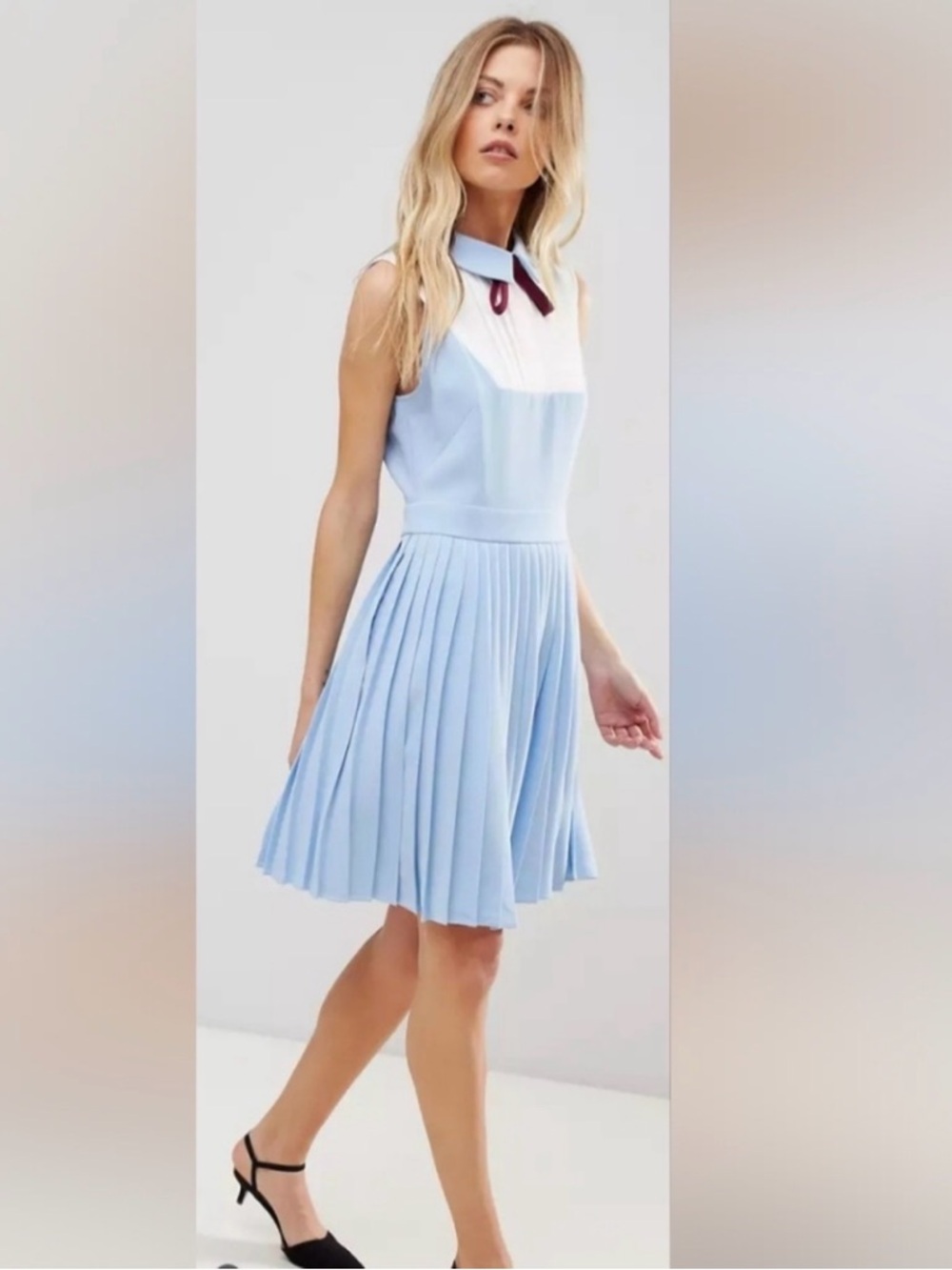 Light Blue Pleated Dress with Cream Bib and Burgundy Bow